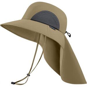Unisex Khaki 100% Polyester Wide Brim Mesh Vent With Neck Flap Classic Beach Hat